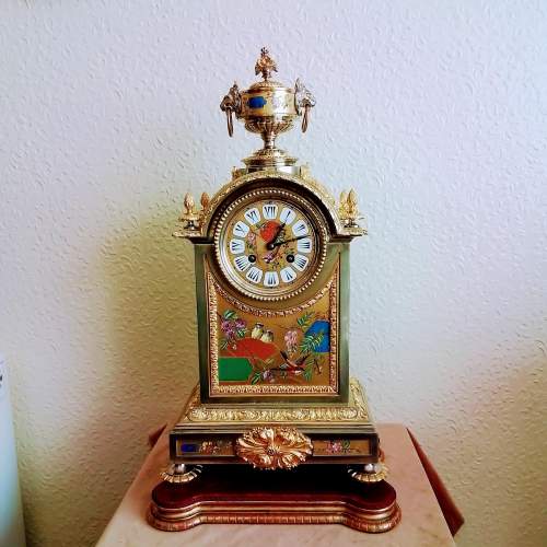 French Silvered and Gilt Bronze Clock with Porcelain Panels image-1