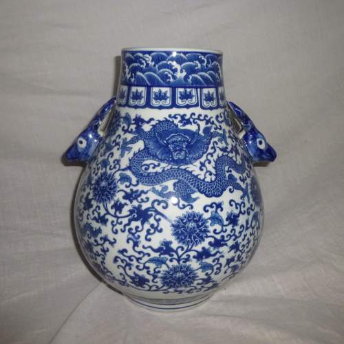 Oriental Blue & White Vase with Deer Handles and Dragon Decoration image-1