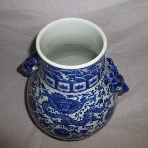Oriental Blue & White Vase with Deer Handles and Dragon Decoration image-4