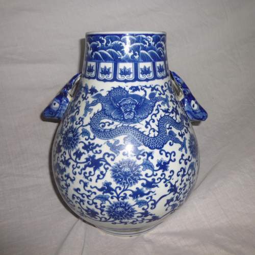 Oriental Blue & White Vase with Deer Handles and Dragon Decoration image-5