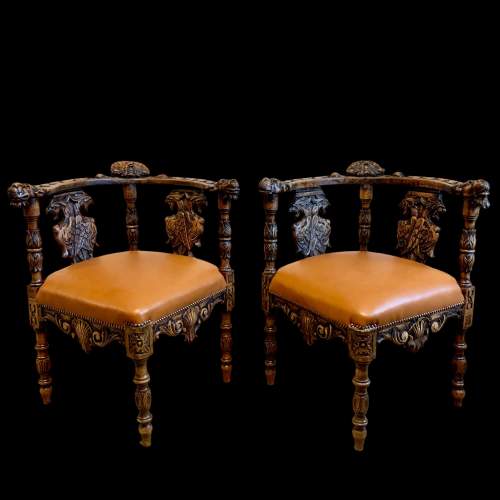 Pair of Italian Renaissance Carved Corner Chairs image-1