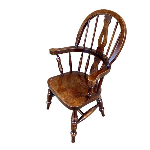 Vintage Childrens Oak Windsor Chair with Carved Rose image-1