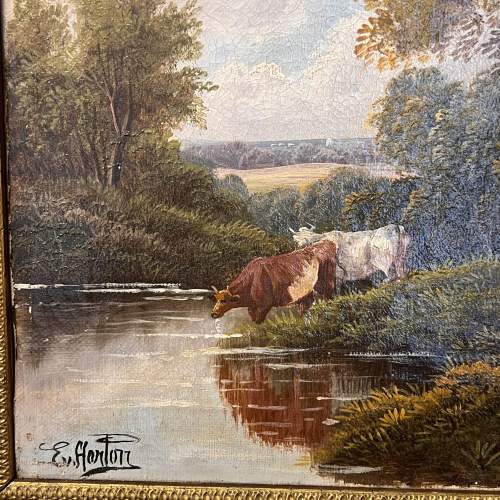 Victorian Etty Horton Oil on Canvas of Cattle Grazing image-2