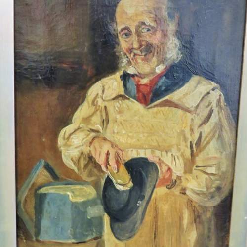Victorian Oil on Canvas - Old Man Cleaning His Hat image-1