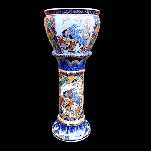 Oriental Ceramic Fish Bowl Planter Jardiniere on Pedestal image-1