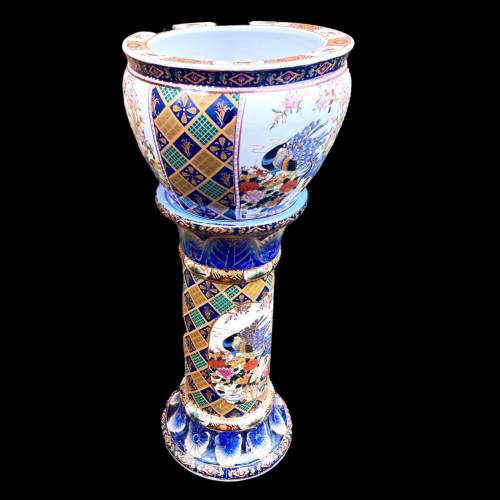Oriental Ceramic Fish Bowl Planter Jardiniere on Pedestal image-5