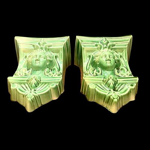 Edwardian Majolica Jade Green Pair of Wall Pockets image-3