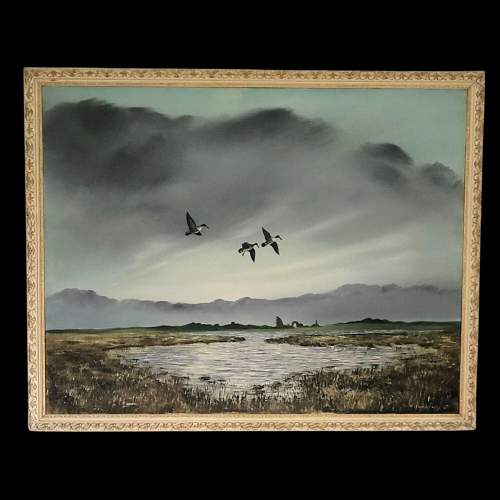 Large 1962 Framed Oil on Canvas - Ducks over Wetlands – Signed image-1