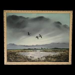 Large 1962 Framed Oil on Canvas - Ducks over Wetlands – Signed