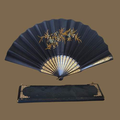 Antique Black Silk Embroidered Fan image-1