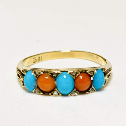 Victorian 18ct Gold Turquoise and Coral Ring image-2