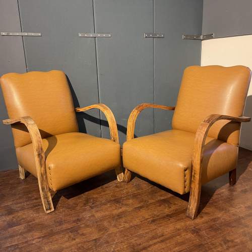 Pair of Retro Faux Leather Armchairs with Curved Wooden Arms image-2
