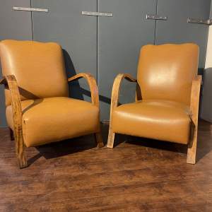 Pair of Retro Faux Leather Armchairs with Curved Wooden Arms