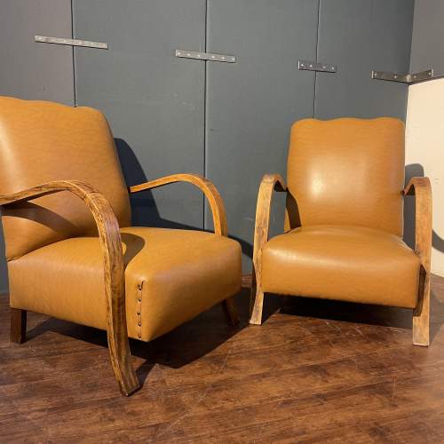 Pair of Retro Faux Leather Armchairs with Curved Wooden Arms image-3