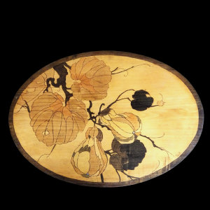 Art Nouveau Antique Pokerwork Coloured Floral Oval Panel
