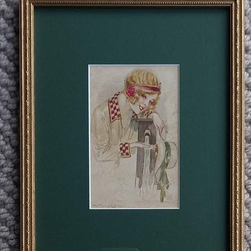 Early 20thC Framed Postcard of an Art Deco Girl by Achille Mauzan image-2