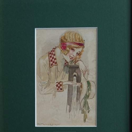 Early 20thC Framed Postcard of an Art Deco Girl by Achille Mauzan image-3