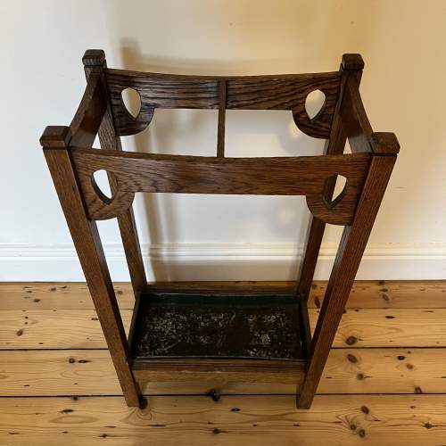 Antique Arts & Crafts Oak Stick Stand With Drip Tray image-1