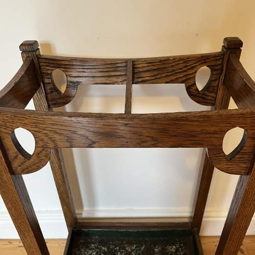 Antique Arts & Crafts Oak Stick Stand With Drip Tray image-2