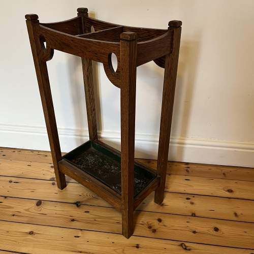 Antique Arts & Crafts Oak Stick Stand With Drip Tray image-3