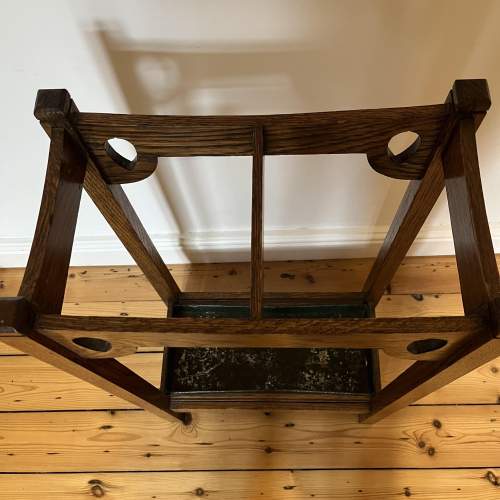 Antique Arts & Crafts Oak Stick Stand With Drip Tray image-5
