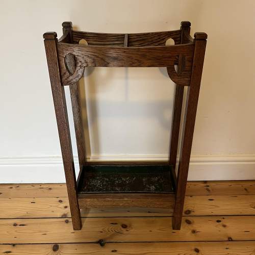 Antique Arts & Crafts Oak Stick Stand With Drip Tray image-4