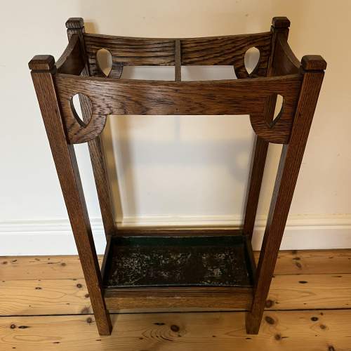 Antique Arts & Crafts Oak Stick Stand With Drip Tray image-6
