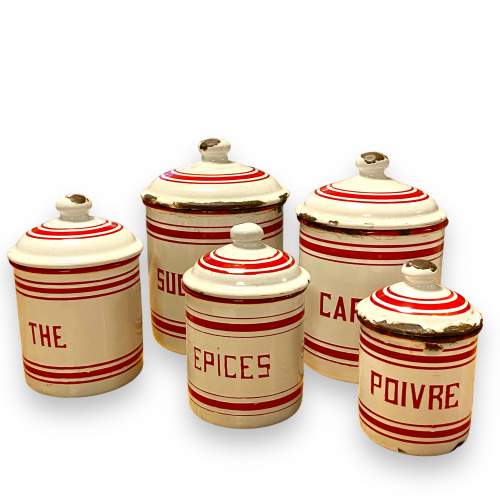 Set of Five Vintage French Enamel Canisters image-1