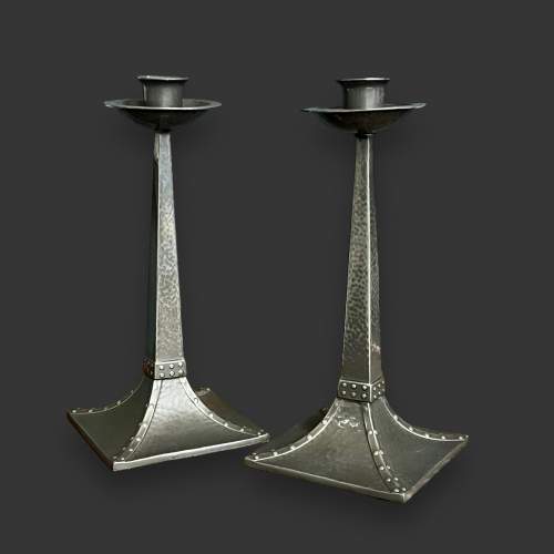 Pair of Arts and Crafts Pewter Candlesticks image-1