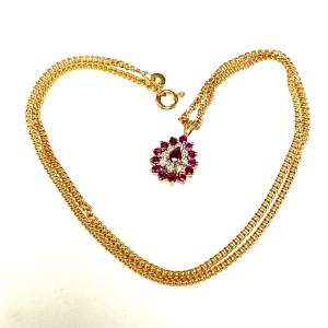 Vintage 9ct Gold Ruby and Diamond Pendant and Chain