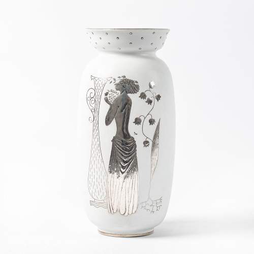 A 1960s Gustavberg Argenta Vase in White with Silver Decoration image-1