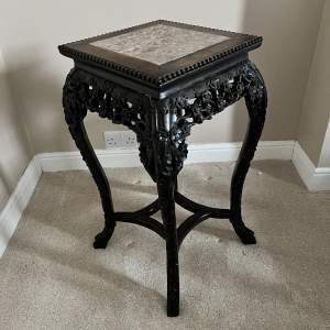 A Chinese Carved Hardwood Marble Top Pedestal Table