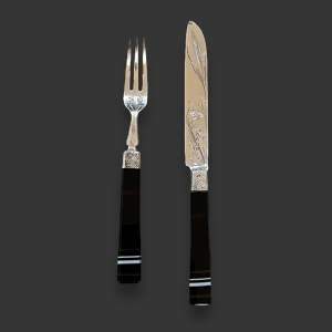 Victorian Presentation Silver Knife and Fork with Agate Handles