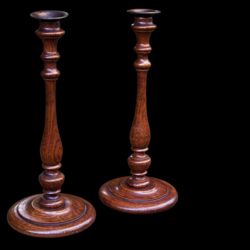 Antique Treen Pair of Tall Turned Oak Candlesticks image-1