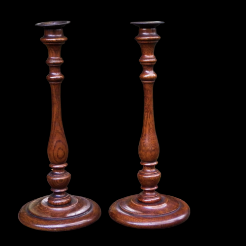 Antique Treen Pair of Tall Turned Oak Candlesticks image-4