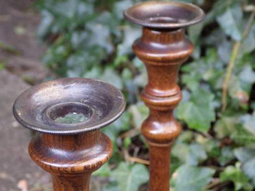 Antique Treen Pair of Tall Turned Oak Candlesticks image-2