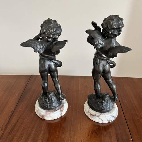 A Pair of Bronzed Cast Metal Cherubs on Marble Bases image-2