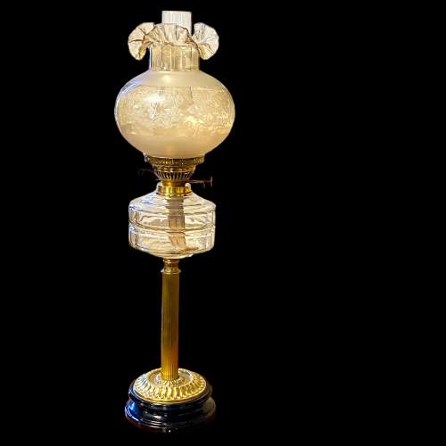 Victorian Glass and Brass Column Oil Lamp image-1