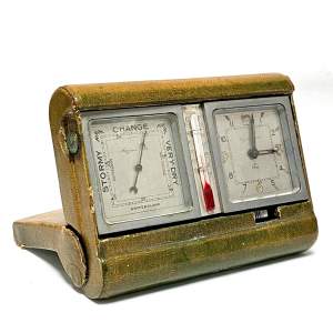 1930s Leather Travel Clock and Barometer