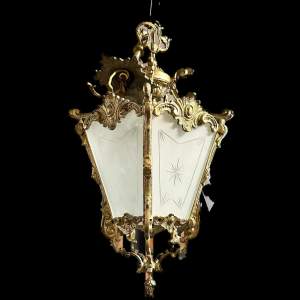 A French Country House Brass Pendant Lamp with Etched Glass