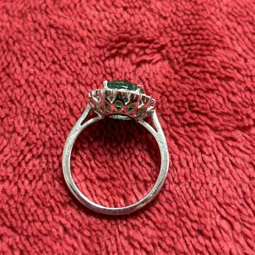 18ct White Gold Oval Emerald and Diamond Cluster Ring image-2