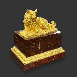 19th Century French Gilt Bronze Dog on Rouge Marble