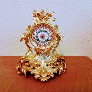 Gilded Bronze Clock with Porcelain Panels