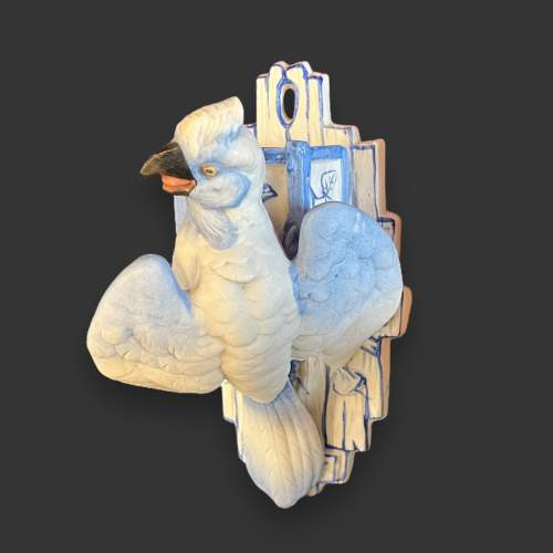 Antique Bisque Pottery Blue & White Parrot Wall Pocket image-2