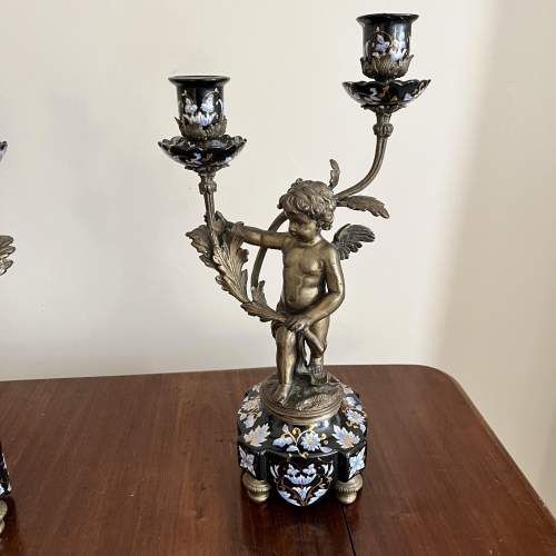 A Pair of Porcelain & Bronze Angel Twin Branch Candleabras image-2