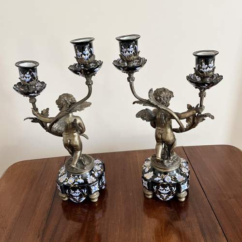 A Pair of Porcelain & Bronze Angel Twin Branch Candleabras image-4