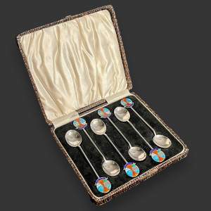 Set of 6 Early 20th Century Silver and Enamel Cardigan Teaspoons