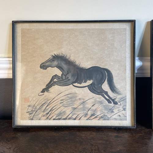 A Set of 3 Chinese Grey Wash Equine Paintings image-4