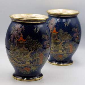 Crown Devon Fieldings 1920s Chinoiserie Lustre Pair of Vases