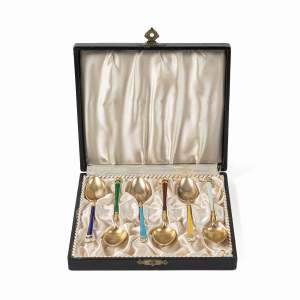 Antique Cased Set of Nowegian Silver and Enamel Coffee Spoons